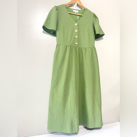 Emily & Me Midi Dress Khaki Green Cotton 
V-Neck Size 8 Bohemian Cottagecore - Picture 4 of 13